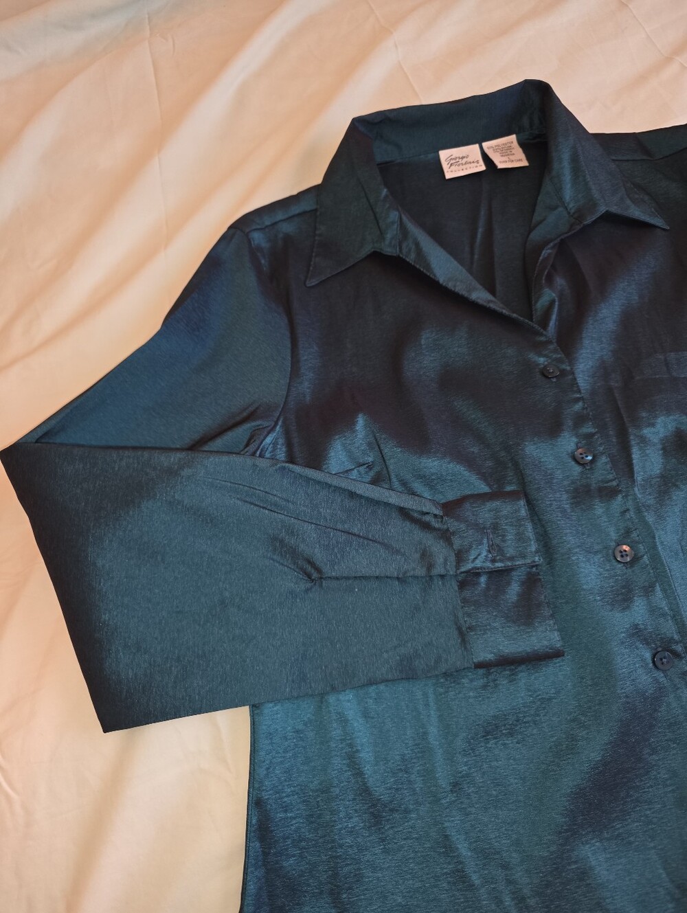 Giorgio Fiorlini Teal Shimmer Button Down Blouse Metallic Size L Holiday Party